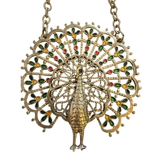 Vintage Gold Peacock Pendant Necklace With Enamel Detailing & Chain - Picture 1 of 9